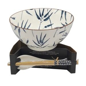 SH Home Blue Bamboo Ceramic Ramen Noodle Bowl 54oz With Chopsticks And Spoon 4pc